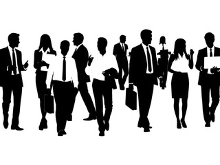 Silhouettes of diverse business professionals standing and interacting in a corporate environment isolated on transparent background