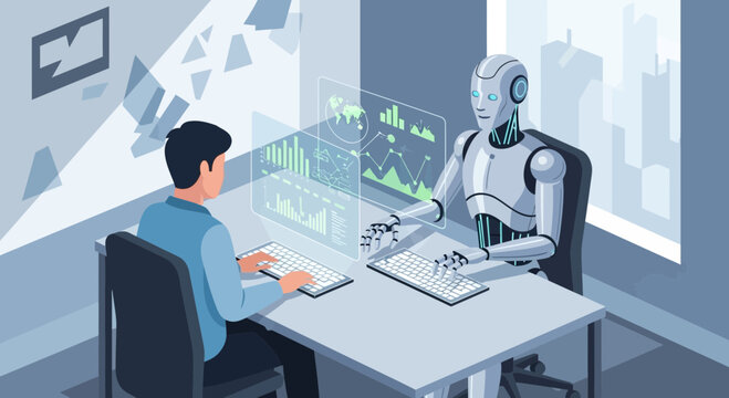 futuristic robot conducting interview with human in modern office setting with digital analytics
