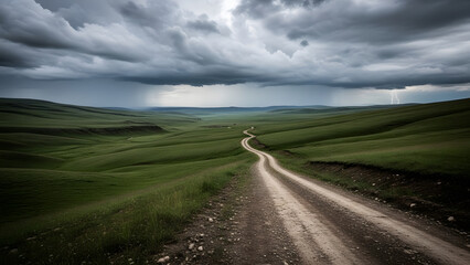Fototapeta premium Storm clouds loom over the green rural landscape with a dirt road winding through the fields toward the horizon