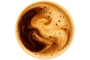 Coffee foam texture creating abstract dark and light swirl patterns on espresso drink, top view with transparent background