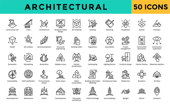 Architectural icons set with construction site, crane, architectural, computer aided design, 3d modeling icon. Simple line vector 
