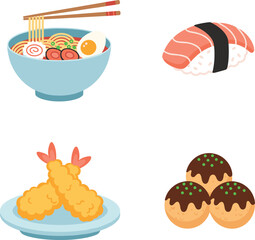 Fototapeta premium Delicious vector set of popular Japanese cuisine illustrations including ramen noodles, salmon nigiri sushi, shrimp tempura, and takoyaki for restaurant menus and culinary design.Delicious vector set 