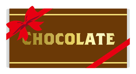 リボンがかかった板チョコレートのイラストレーション。茶色の包装紙に「チョコレート」の文字。
