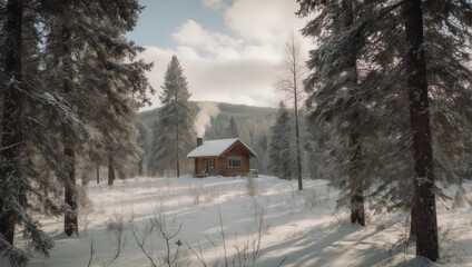 Winter Cabin Retreat - A Snowy Forest Scene.