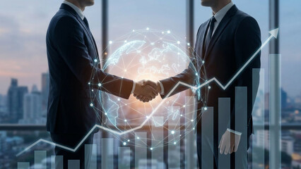 Business partners shaking hands with global network and financial growth overlay