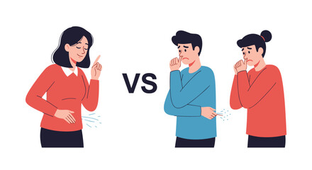 Fototapeta premium A comparison illustration of a healthy, confident woman versus a man and woman who are coughing and appear sick or unhealthy.