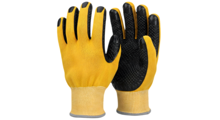 Yellow gloves with black grip for industrial use on a white backdrop isolated on transparent background