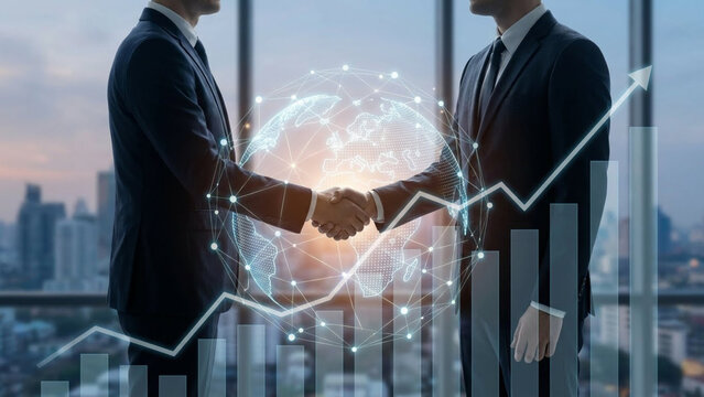 Business partners shaking hands with global network and financial growth overlay - Powered by Adobe