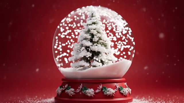 A crystal snow globe on a red pedestal encases a frosted pine, snow swirling gently with warm glow!