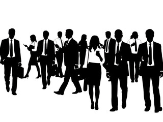 Group of business professionals standing and walking in formal attire with briefcases and devices isolated on transparent background