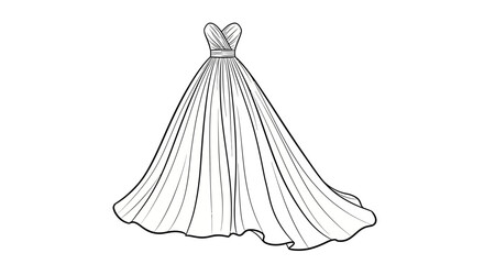 Elegant evening gown line art illustration, fashion design concept for apparel creation or bridal