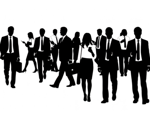 Group of business professionals standing and walking in formal attire with briefcases and devices isolated on transparent background - Powered by Adobe