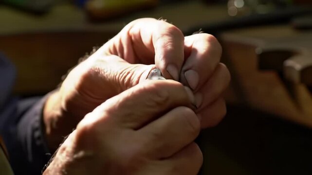 Cinematic macro of dirty senior jeweler hands inspecting a silver ring in a workshop, symbolizing traditional craftsmanship and artisan skill