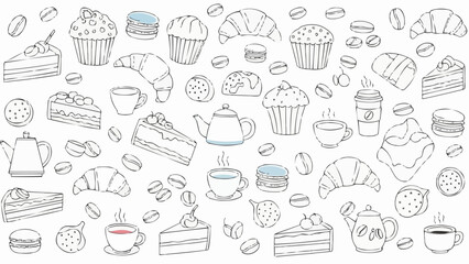 Delicious Baked Goods and Coffee Assortment Hand Drawn Sketch.