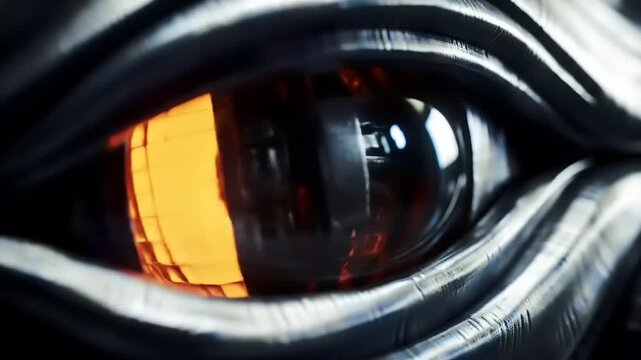 Close up of a robotic eye with glowing orange iris and black stripes.
