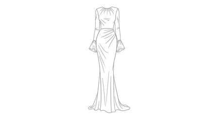 Elegant long dress with ruffled sleeves and draped detailing fashion illustration