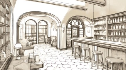 Interior sketch of a vintage bar, spacious room, arched windows, bar counter, detailed design. Possible use Architectural design, interior design inspiration