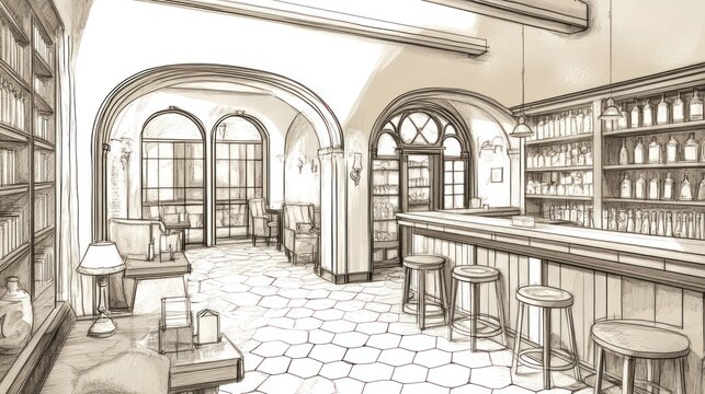 Interior sketch of a vintage bar, spacious room, arched windows, bar counter, detailed design. Possible use Architectural design, interior design inspiration