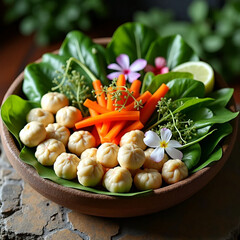 Fresh Organic Vegetables and Steamed Dumplings on Rustic Plate
