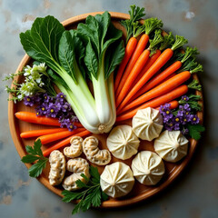 Fresh Organic Vegetables and Steamed Dumplings on Rustic Plate