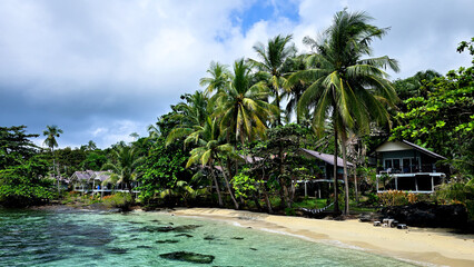 Obraz premium Relax on the serene sands of Koh Kood Island as palm trees sway in the gentle breeze. The crystal-clear water invites visitors to explore this tropical paradise during a sunny day.