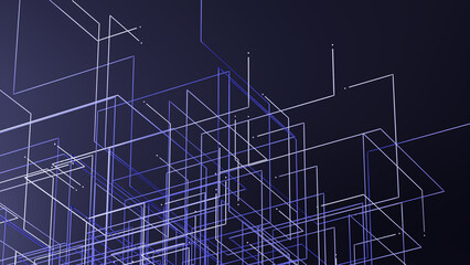 Minimal technology 3d render background with layered mesh, data points and rectangles in blue tones