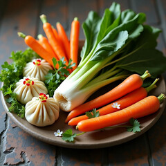 Fresh Organic Vegetables and Steamed Dumplings on Rustic Plate