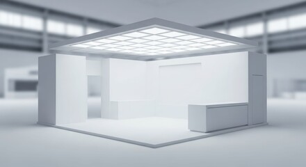 A modern, empty, all-white exhibition booth with illuminated ceiling in a large hall.