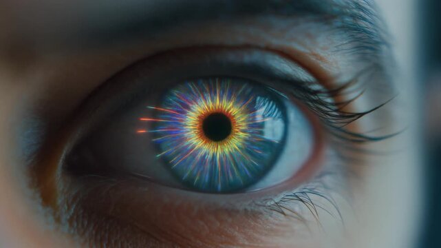 close-up of a human eye with glowing blue biometric scanning interface, digital rings and data lines overlay, slow cinematic motion, futuristic security technology concept