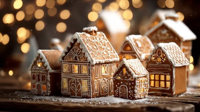 A row of gingerbread houses dusted with icing sits on a snowy wooden table, warm lights glow warmly