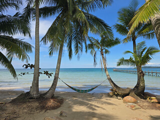 A tranquil scene on Koh Kood Island features a hammock gently swaying between lush palm trees. The inviting turquoise waters and sandy beach create a perfect tropical getaway.