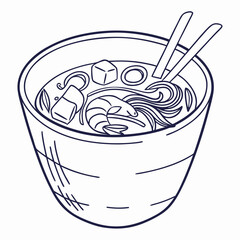 A delicious bowl of ramen noodles with shrimp tofu and chopsticks presented in a simple line art drawing style
