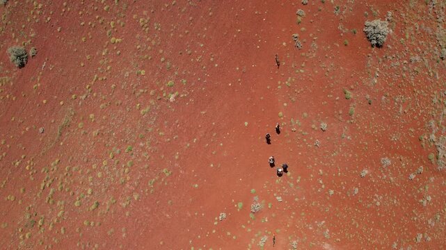 Tourists exploring the red surface of Lake Meke volcano crater rim in Konya