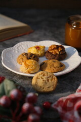 multiple Popular cookies in during celebration Christmas or eid  on white isolated background including chocolate chips