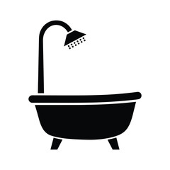 Simple black silhouette of a bathtub with a shower head, isolated on
