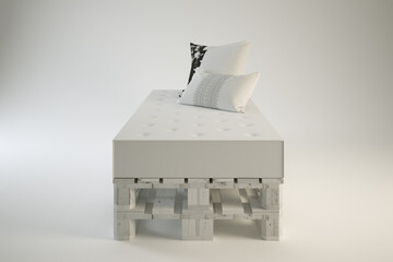 Modern daybed platform sits with decorative pillows on a white backdrop.