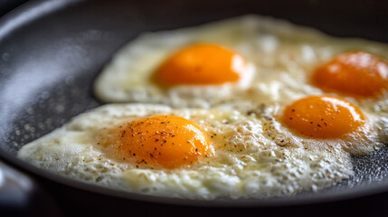 Cooking eggs in a frying pan in a kitchen setting during breakfast time