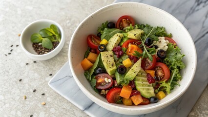 Fresh vegetable salad with avocado, cherry tomatoes, olives, lettuce, and dried cranberries in ceramic bowl, ideal for healthy eating promotions, vegan menus, food blogs, and nutrition app visuals