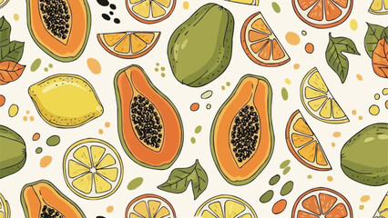 Vibrant Tropical Fruit Assortment Papaya Orange Lemon Citrus Slices.