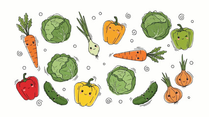 Cute Kawaii Vegetables Collection With Happy Faces.