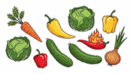 Assortment of Fresh Vegetables Including Carrots Cabbage Peppers Cucumbers and Onions.