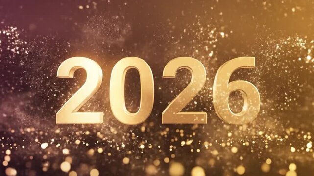 Golden sparks swirl around bold '2026', a festive glow with bokeh lights signaling a bright new year for all!!