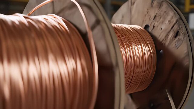 Copper wire meticulously wrapped around a reel in a factory setting, showcasing precision engineering and modern manufacturing concepts, perfect for industrial, technology.