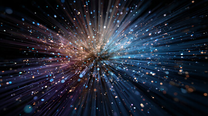 Fototapeta premium Light rays and particles create a colorful display in a dark space