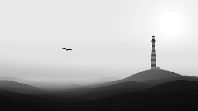 Lighthouse silhouette on misty hills, tranquil seascape, dawn