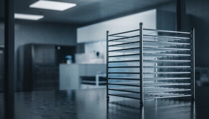 Modern office interior with transparent partition and blurred background.