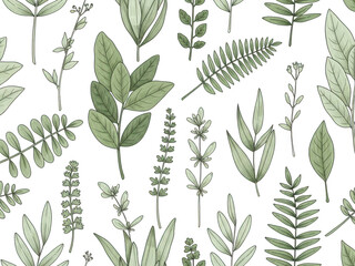 Collection of various green leaves and plants on transparent background