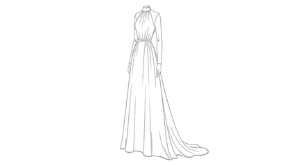 Elegant long sleeve dress sketch with high collar and flowing skirt illustration