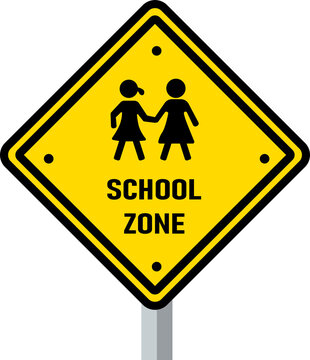 Yellow school zone sign with silhouettes of children walking safety warning