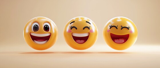 Three smiling yellow emoji faces on a beige surface